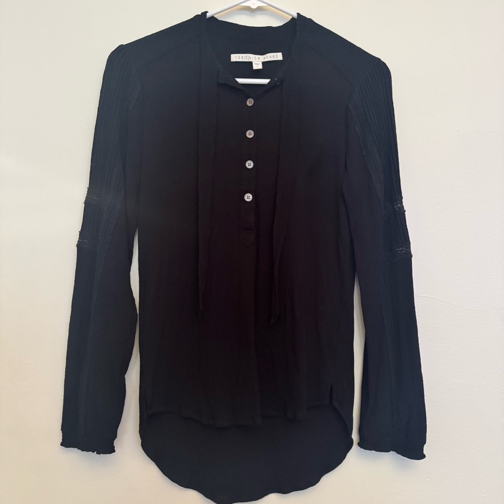 Veronica Beard Elegant Black Button-Up Blouse tie neck in crepe 0